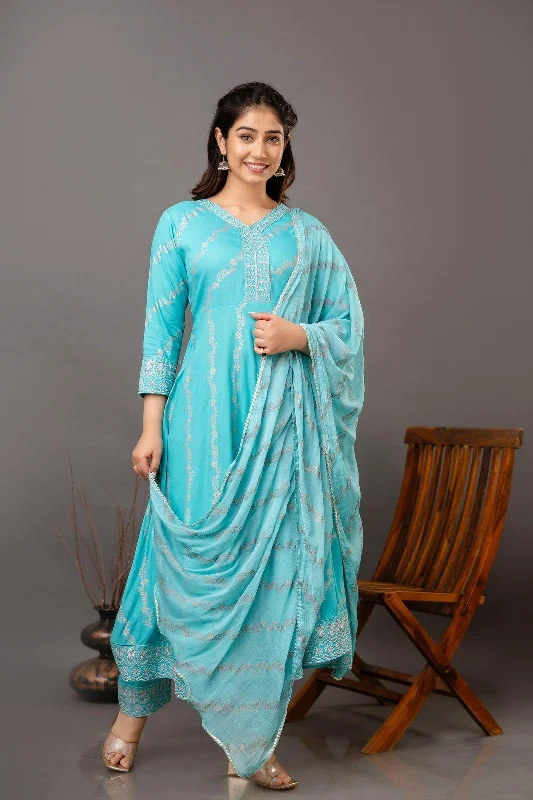 Light Blue Embroidered Kurta Set with Designer Pant & Lace Dupatta - 3 Piece Ensemble Jeggings Crop,