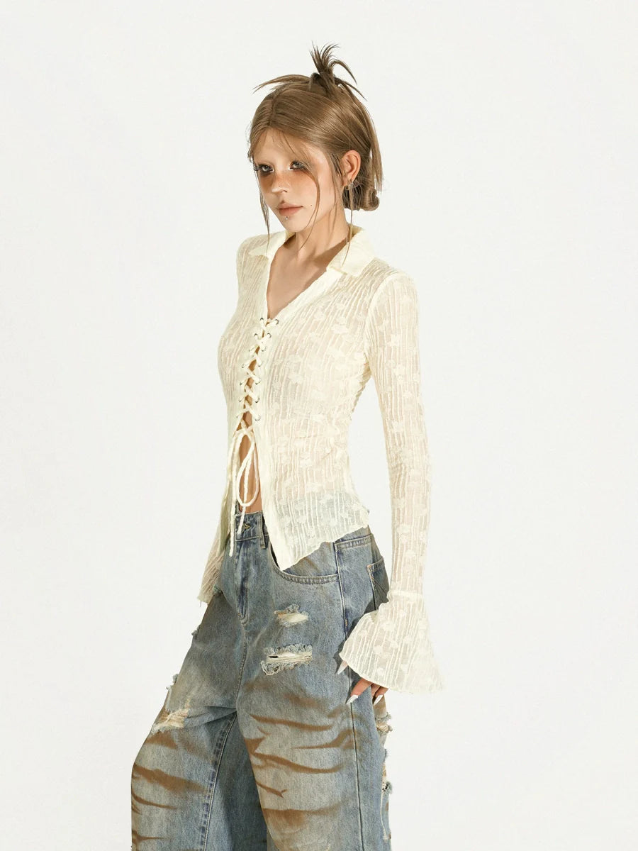 Nico Molly Lace-Up Ribbed Cardigan - Ivory (Women's) Thin Thick Dense