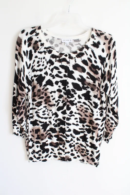 Susan Graver Cheetah Print Beaded Knit Cardigan | L Zippered Buttoned Snapped