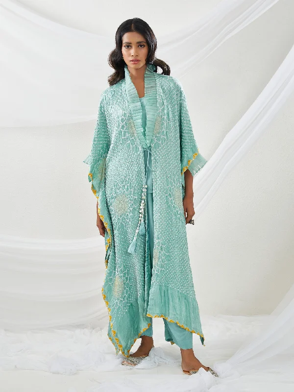 Gajji Silk Bandhani Frill Kaftan Overlay with Inner and Pants Cotton Quality,