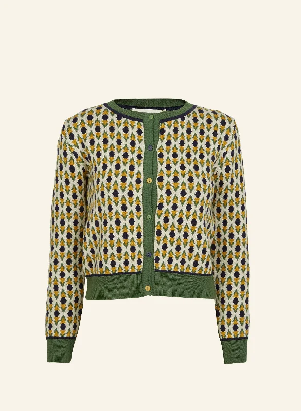 Vera Jacquard Cardigan - Green Diamond Solid Print Embellished