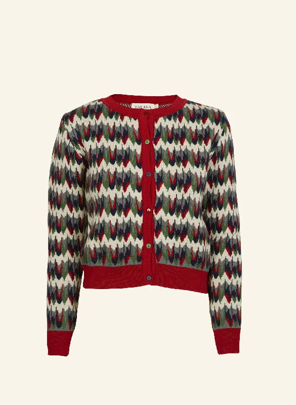 Vera Jacquard Cardigan - Red Marbled Feathers Ribbed Striped Patterned