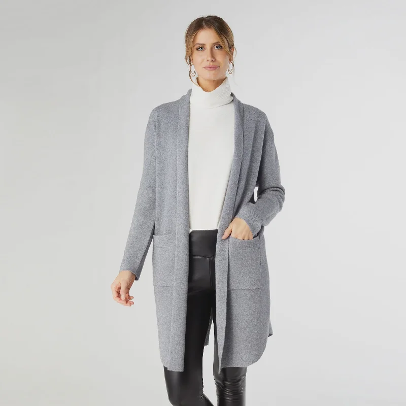 Heavenly-Luxe Long Cardigan with Lattice Back | Mid Heather Grey Toggled Drawstring Belted