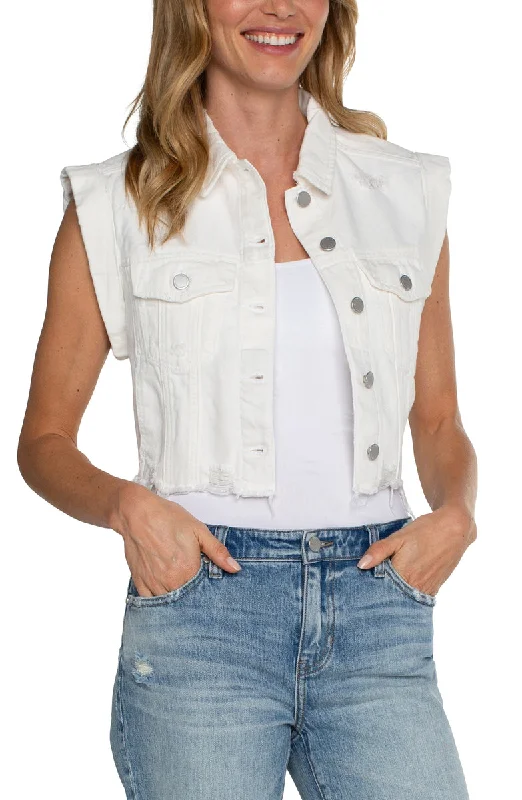 Liverpool Cropped Sleeveless Jacket (Bright White) Ribbed Jacket Pleated Jacket Ruffled Jacket