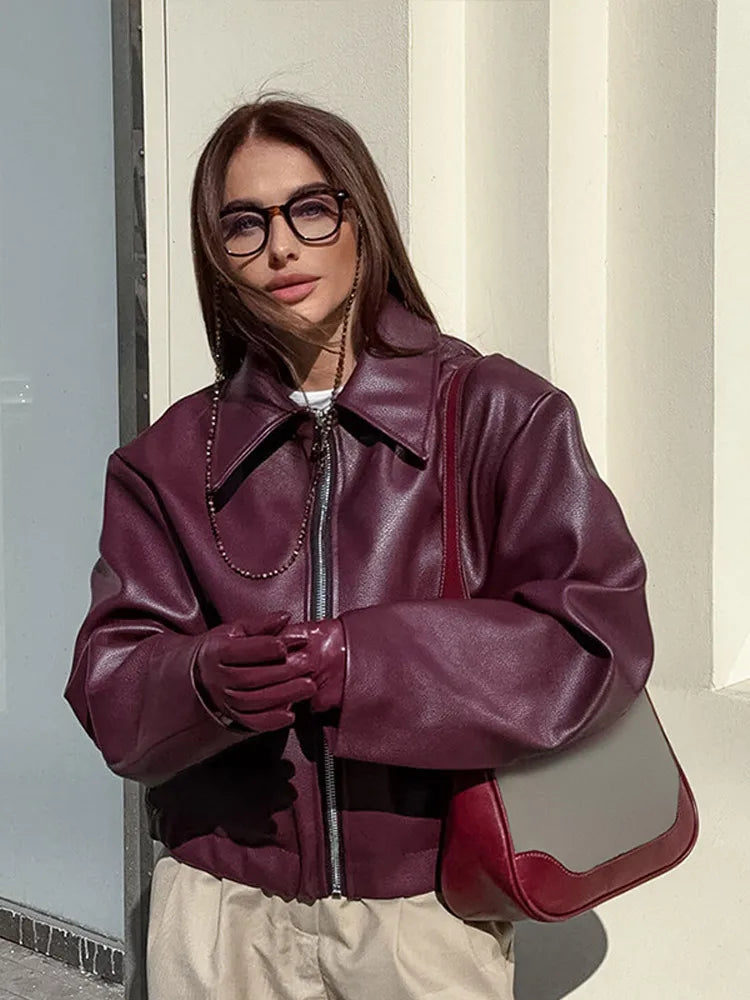 Lunivop Street Leather Zipper Lapel Jackets Women Casual Wine Red Long Sleeve Coats For Woman Vintage Short Motorcycle Outwears Tops Quilted Jacket Puffer Jacket Insulated Jacket