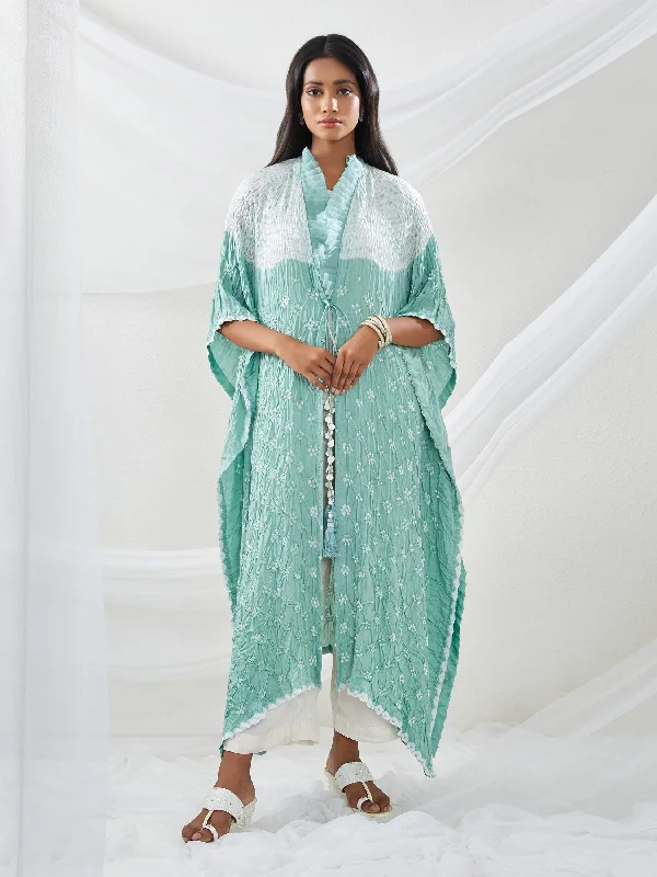 Shibori Bandhani Frill Kaftan Overlay With Inner And Pants Stretch Trendy,