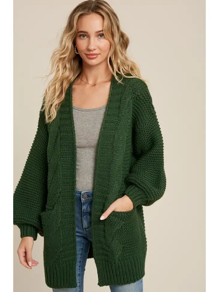 Chunky Cable Lantern Sleeve Cardigan- MULTIPLE COLORS Cable Knit Ribbed Knit Lace Knit