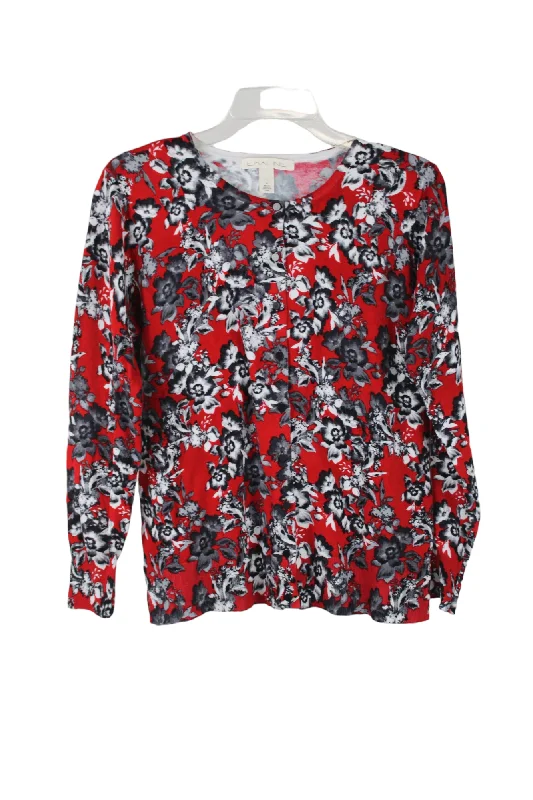 Emaline Red Floral Cardigan | M Boat Neck Shawl Collar Notched Collar