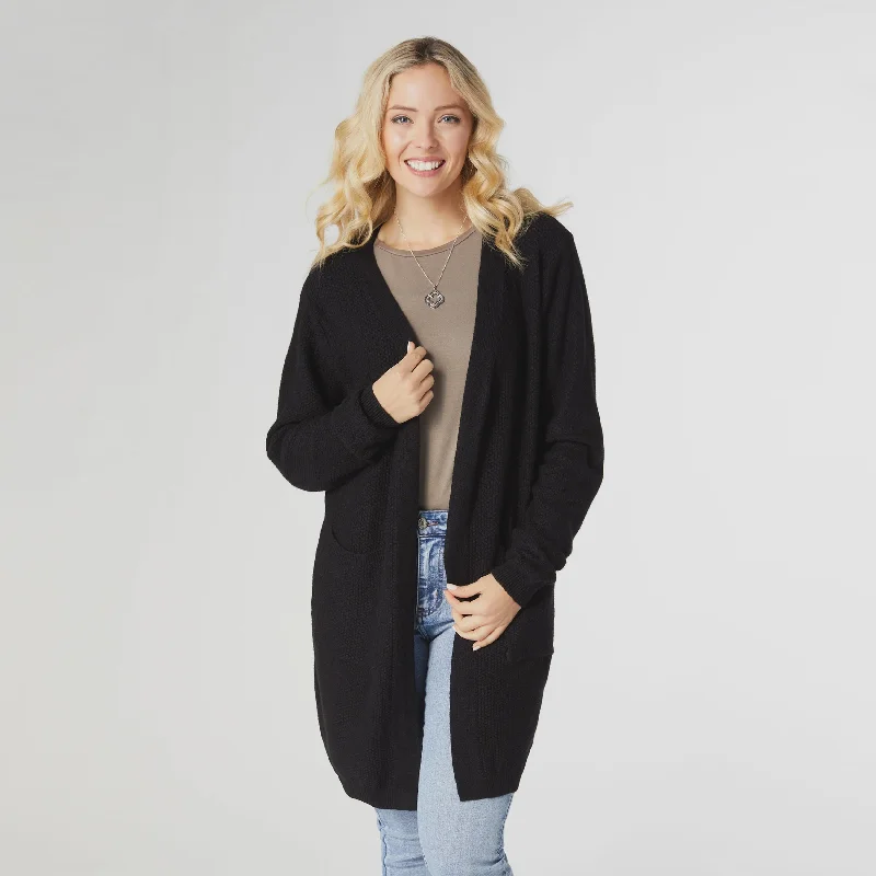 Relaxed Ciana Cardigan with Pocket | Black Notch Collar Peter Pan Collar Cowl Neck