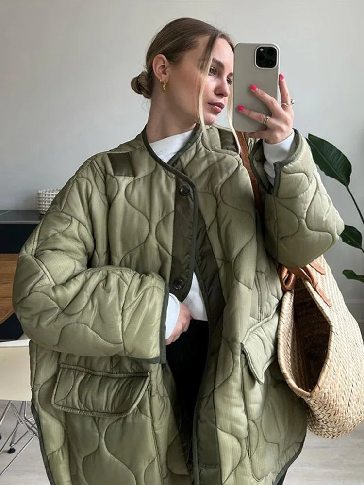 Lunivop Casual Oversized O-neck Quilted Jacket Women Thickened Warm Single-Breasted Jacket Female Winter Loose Windproof Streetwear Tops A-Line Jacket Boat Neck Shawl Collar