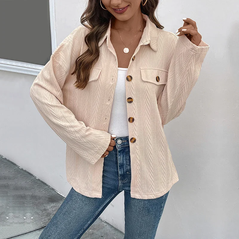 IKEARLAX 2025 cross-border New early autumn thin solid color shirt knitted texture shirt jacket button-down lapel women's shirt Trench Coat Raincoat Waterproof Jacket