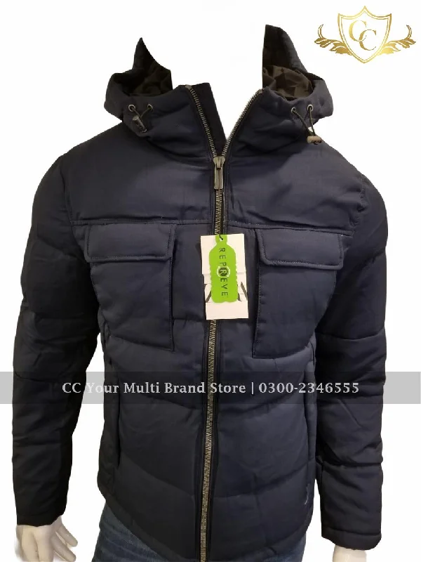 ZR Man Navy Blue Wool Effect Puffer Jacket with Hood (403) Collared Jacket Crew Neck Jacket Turtle Neck Jacket