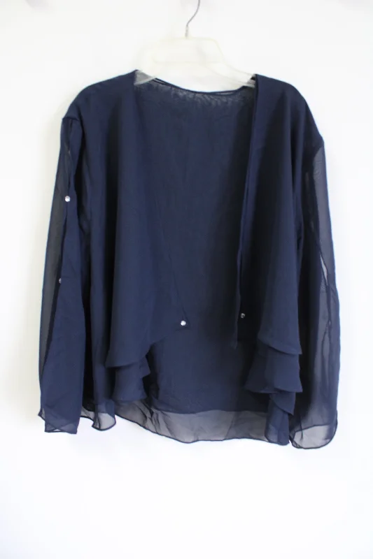 Navy Blue Chiffon Blouse Cardigan | L Crew Neck V-Neck Turtle Neck