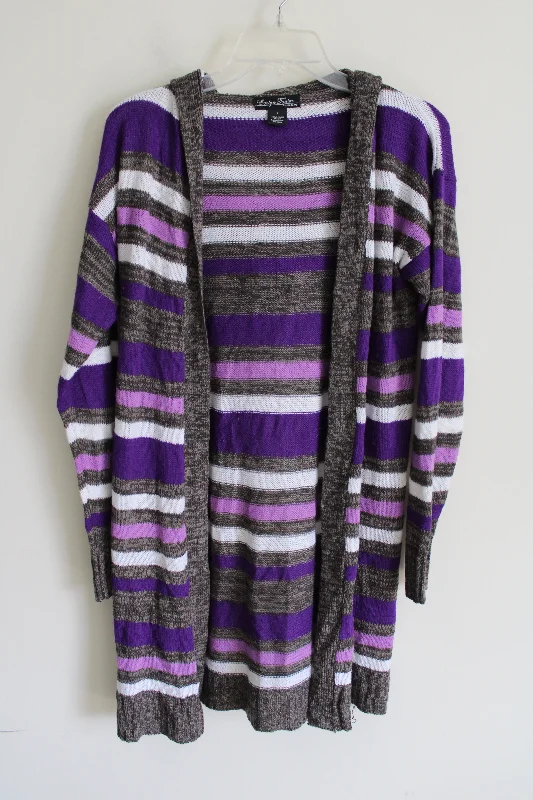 Evelyn Taylor Purple Striped Knit Long Cardigan | S Transparent Opaque Sheer