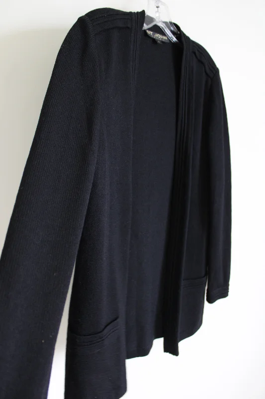 St. John Basics Black Thick Knit Long Black Cardigan | S Velvet Chenille Corduroy