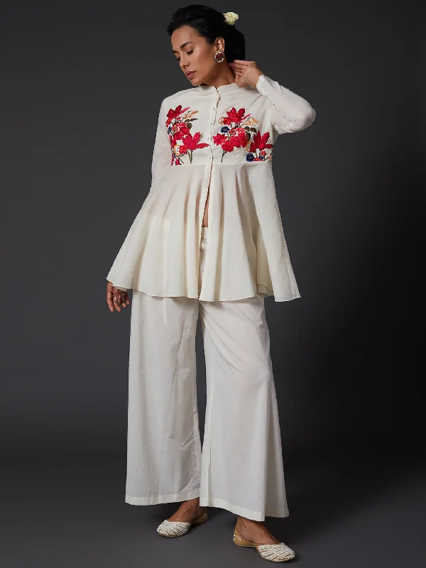 Ivory Embroidered Peplum Top With Palazzo Pants Quality Leggings,