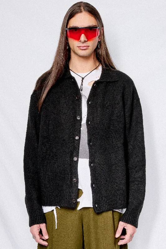 Unisex Black Open Collar Knit Cardigan Rayon Fabric Velvet Fabric Corduroy Fabric