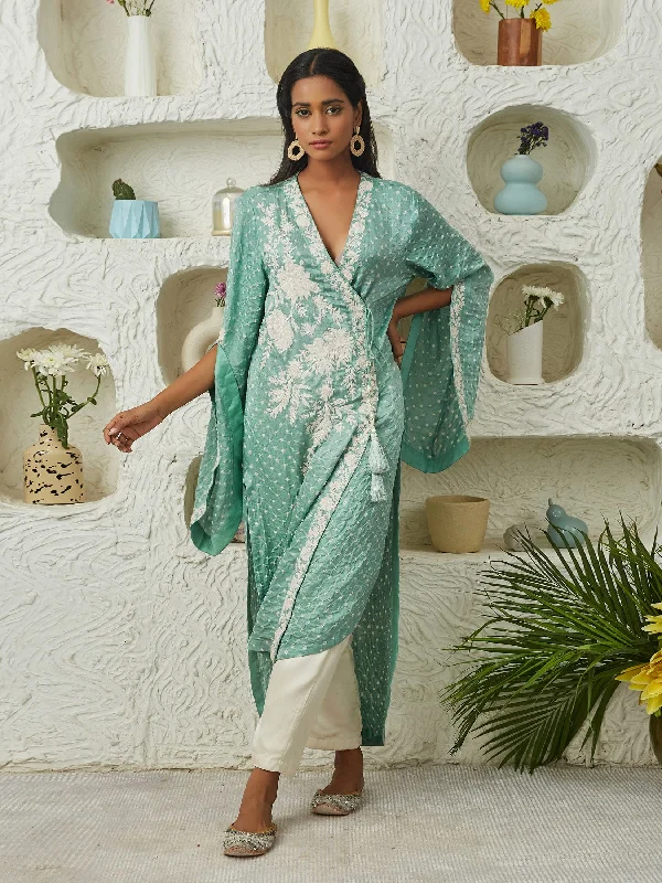 Gajji Silk Bandhani Dori Mirror Embellished Angarkha Kurta with Pants Clearance High-Waisted,