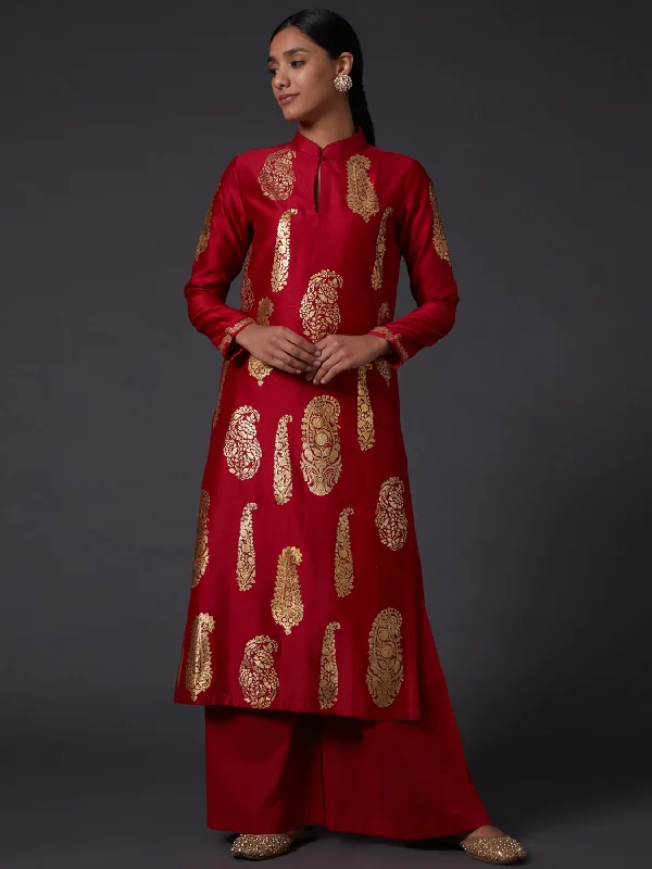 Red & Gold Block Printed Kurta With Pants Crop Bootcut,