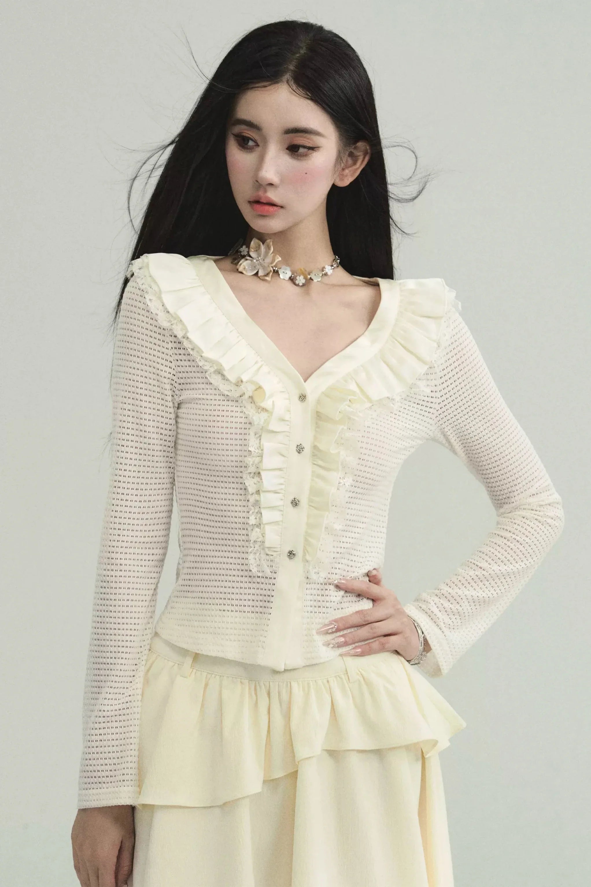 Cream Ruffled Collar Long Sleeve Cardigan Handmade Hand-knitted Hand-woven