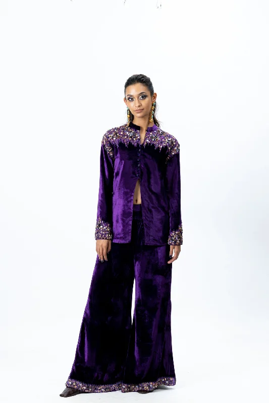 Violet Embroidered Jacket with Sharara Stand-Up Collar Roll-Neck Collar Turtle Neck