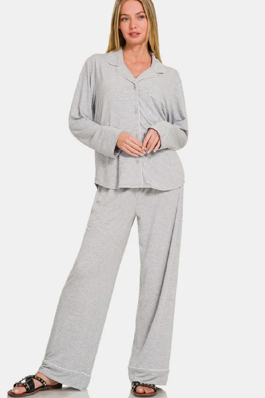 Hazel Blues® |  Zenana Button Down Long Sleeve Top and Pants Lounge Set New Arrival Wide-Leg,