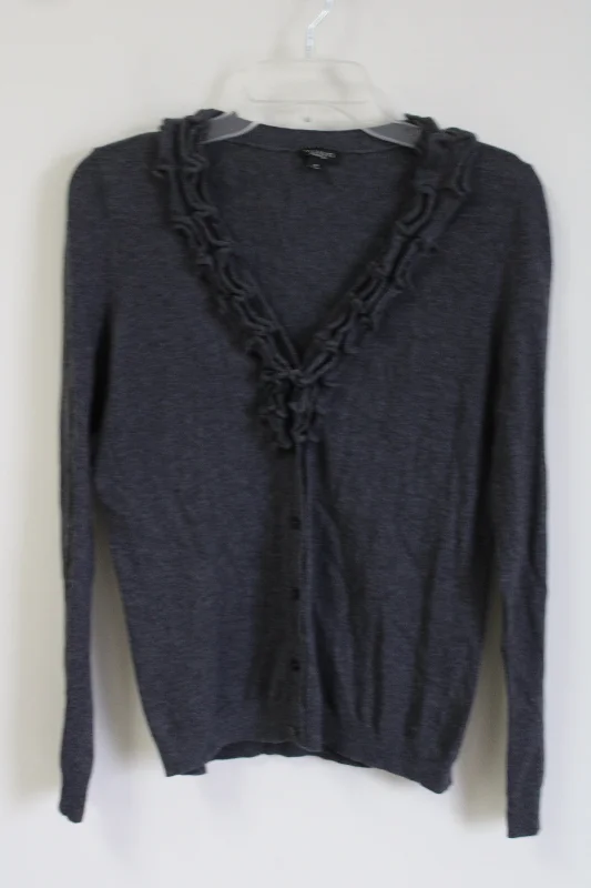 Talbots Gray Ruffle Front Cardigan | M Sequined Glittery Shiny