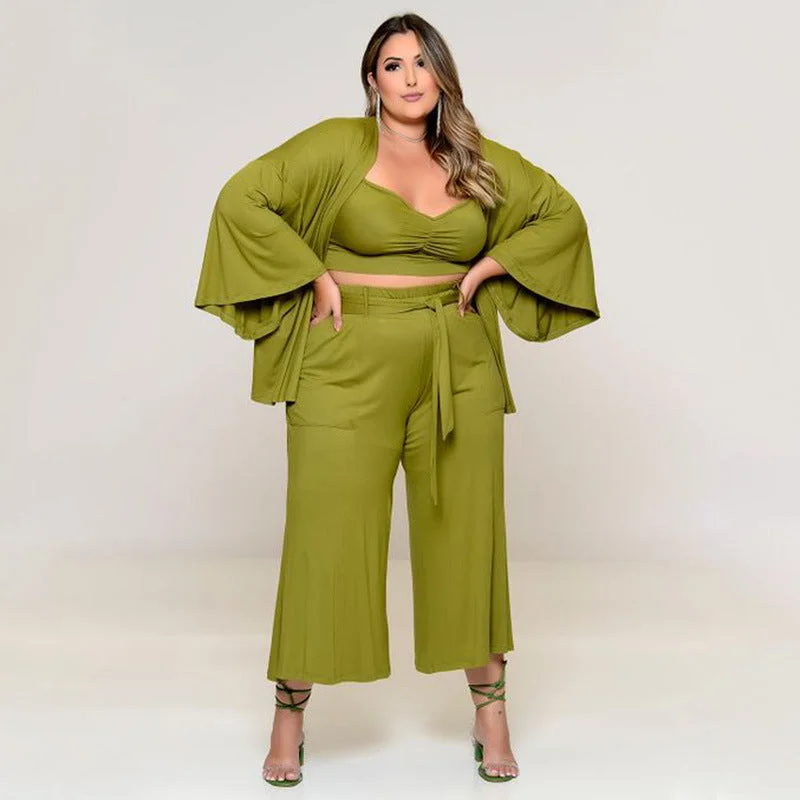 Plus Size Midi Length Wide Leg Pants With Top And Jacket Three-Piece Pants Set Welt Pockets Slit Pockets Flap Pockets