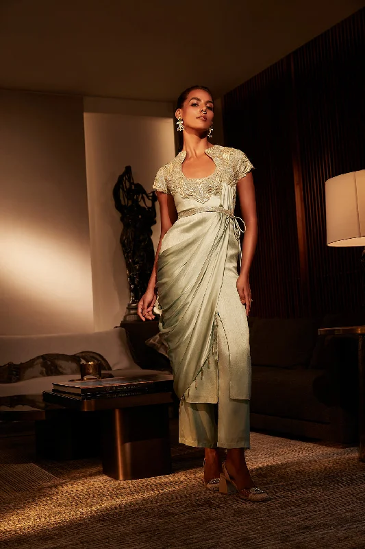 Frosted Mint Silk Drape Top With Alluring Keyhole Neckline And Silk Pants Cotton Skinny,