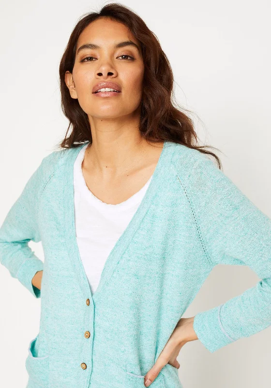 White Stuff Anchor Marl Cardigan, Aqua Green Silk Blend Satin Velvet