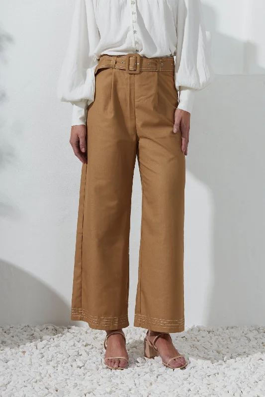 Drea Mocha Belted Wide Leg Pants Stretch Straight,