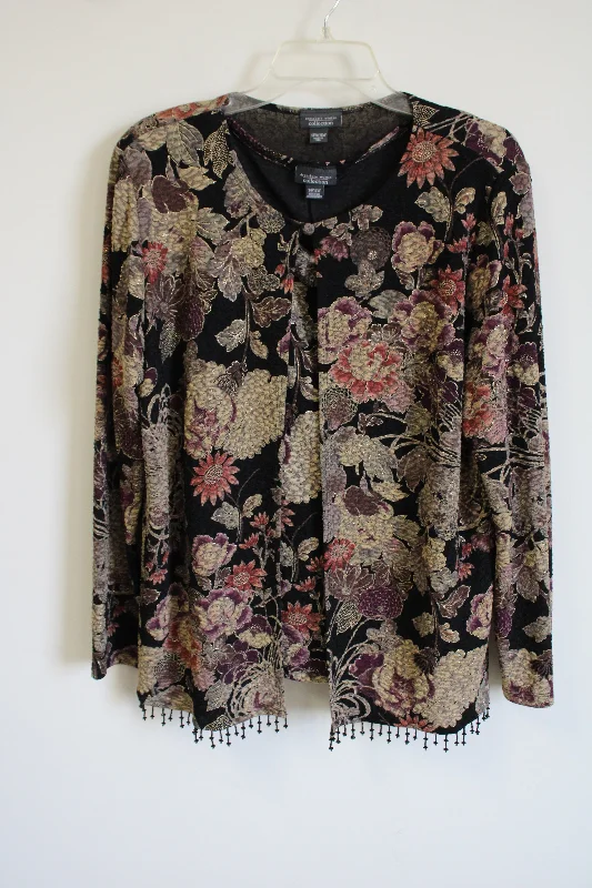 Dressbarn Black Gold Floral Beaded Cardigan & Tank Set | 14/16W Elasticated Padded Insulated