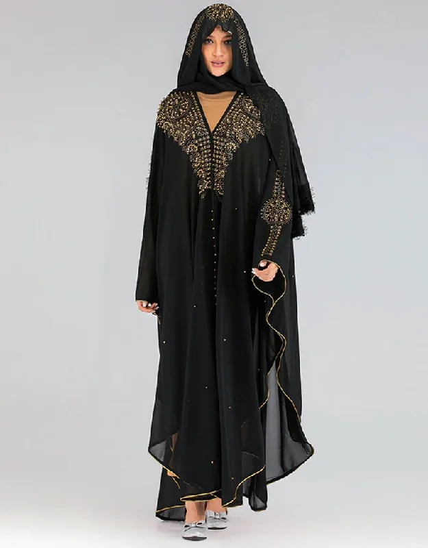 Sequin Hooded Cardigans Long Abaya Kaftan Toggled Drawstring Belted