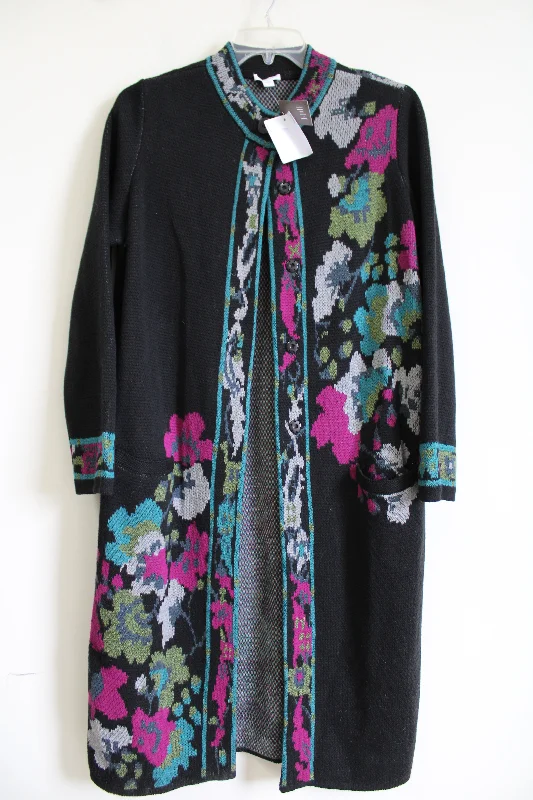 NEW J.Jill Black Floral Duster Long Cardigan | M Glossy Satin Silk