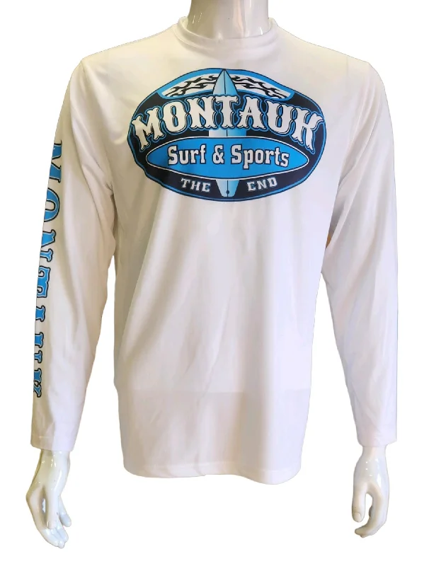 Adult Montauk Logo DriFit UV50 Long Sleeve Tee Solid Color Striped Floral