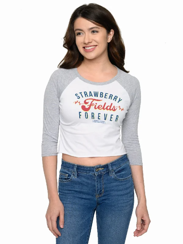 Beatles Strawberry Fields Forever White Raglan Crop Top Juniors T-Shirt Striped Floral Plaid