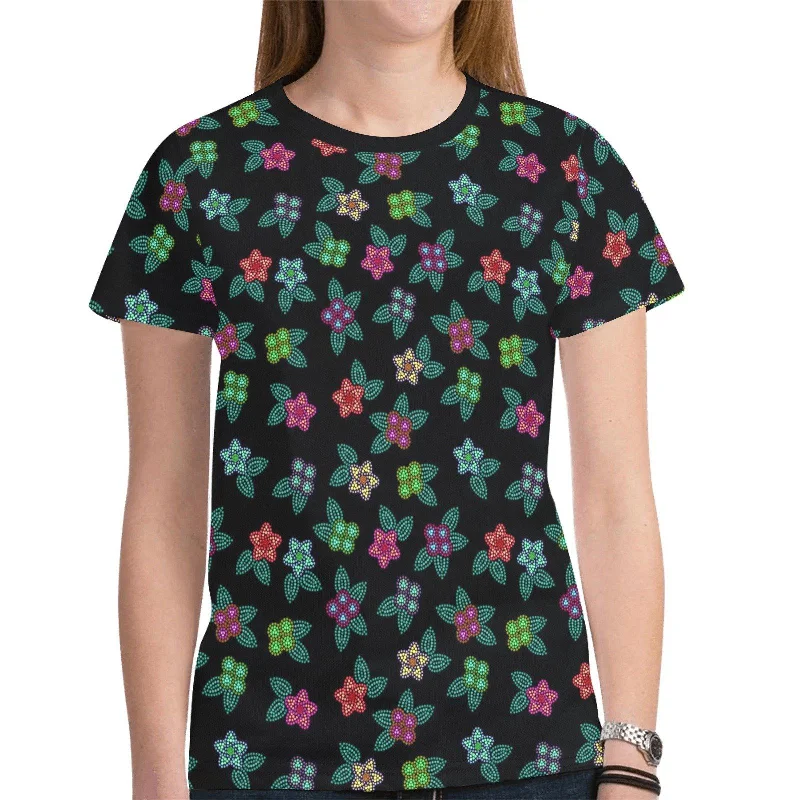 Berry Flowers Black T-shirt for Women Zippered Buttoned Snapped