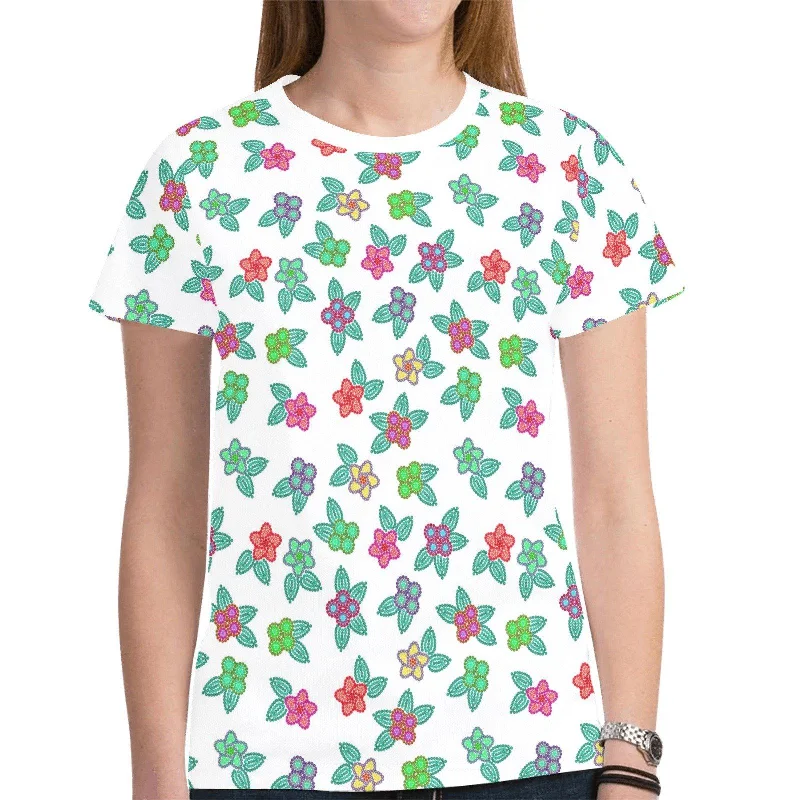 Berry Flowers White T-shirt for Women Anti-Pilling Machine Wash Handmade