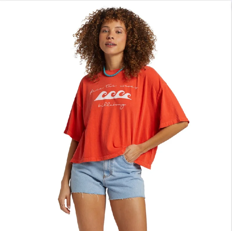 Billabong Hot Fun Cropped Oversized T-Shirt - Sunset Red Fleece Nylon Spandex