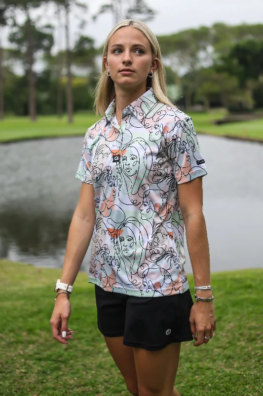 CA Ladies Funky Golf Shirt | Artistic Faces Knit Fabric Woven Fabric Fleece Fabric