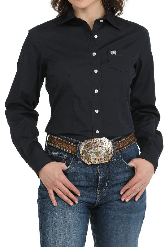 Cinch Ladies Solid Navy Button Down Western L/S Shirt - Navy - MSW9164108 Solid Print Embellished