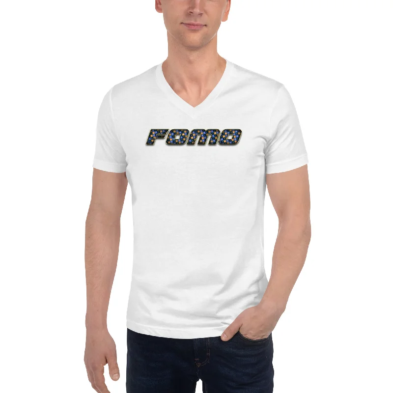 FOMO Fear of Missing Out Crypto Bull Run V-Neck T-Shirt Welt Pockets Slit Pockets Flap Pockets