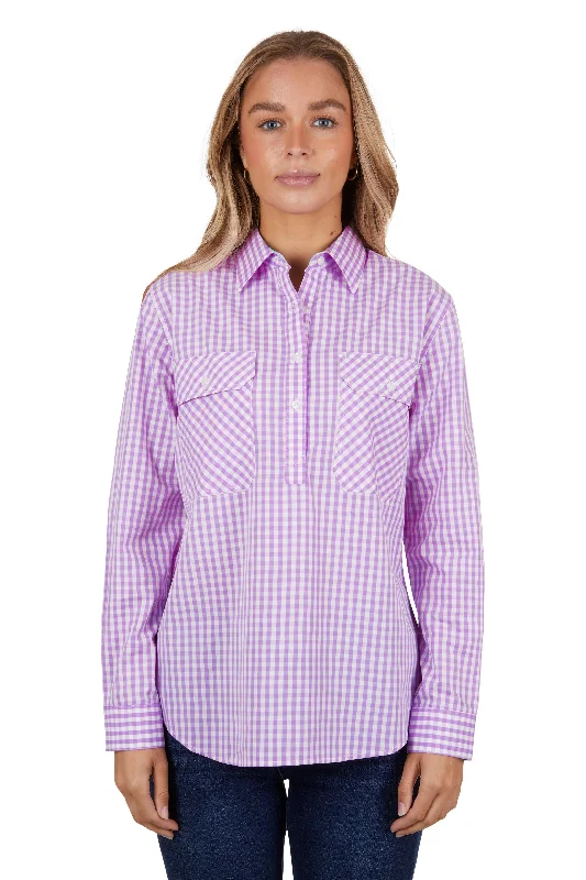 Hard Slog Ladies Ayla Half Placket L/S Shirt - Lavender - H4S2101058 Spandex Blend Rayon Blend Denim Blend