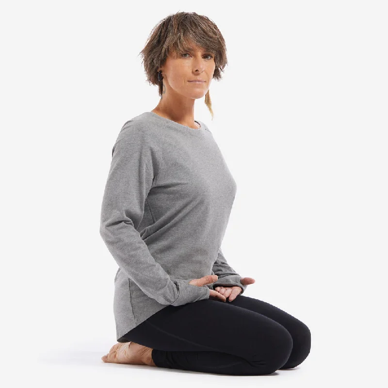 Long-Sleeved Gentle Yoga Cotton T-Shirt - Grey Chenille Brocade Lace