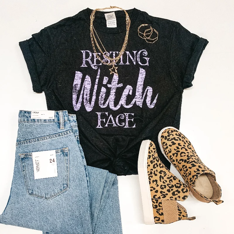 Last Chance Size Small & Medium | Resting Witch Face Short Sleeve Graphic Tee in Black Jersey Fabric Tulle Fabric Batik Fabric