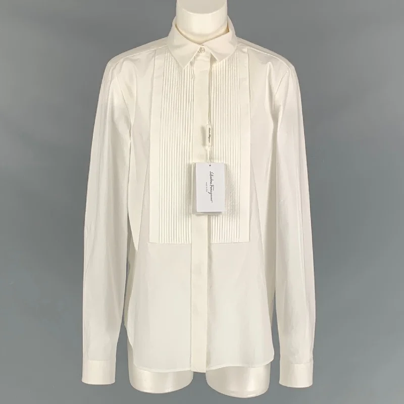 SALVATORE FERRAGAMO Size 8 White Cotton & Elastane Tuxedo Shirt Zippered Front Buttoned Front Snap Front