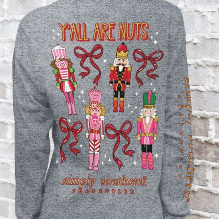 Simply Southern Women’s Long Sleeve Y'All Are Nuts Nutcrackers Holiday Christmas T-Shirt Hooded Caped Shawl Collar