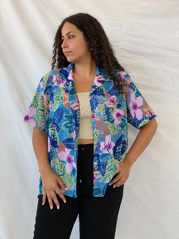 Vintage IMAGE Colorful Blue and Pink Tropical Floral Button Shirt - XL Oversized T-Shirt Spandex breathable