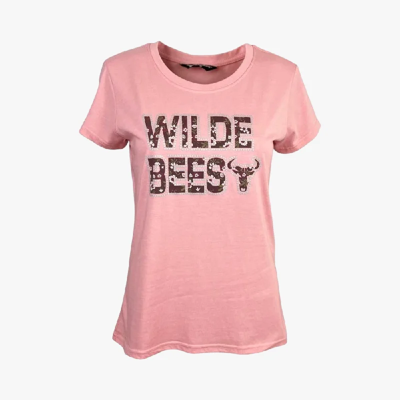 Wildebees Ladies Vintage Dots Short Sleeve Tee Blush Mel Spandex Blend Rayon Blend Denim Blend