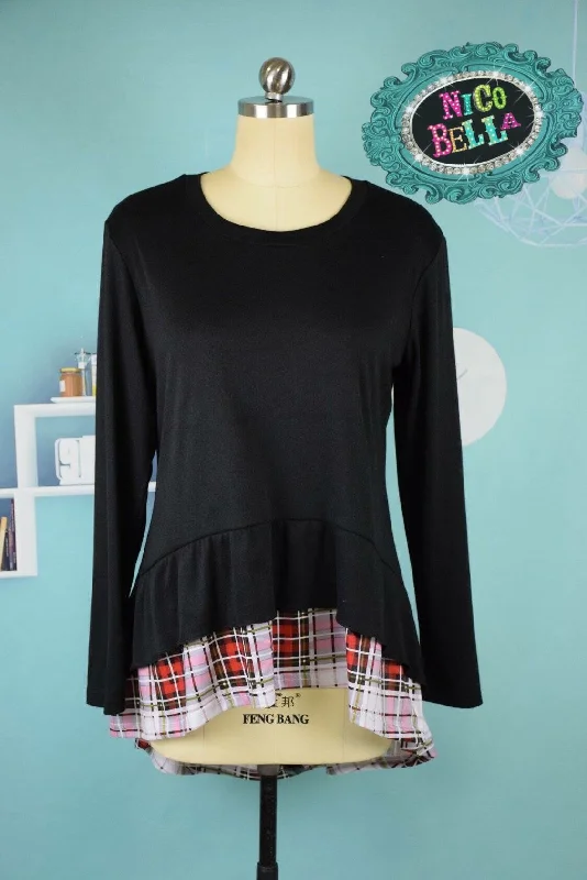 Women’s Black Plaid Ruffle-back Shirt Fitted T-Shirt Seamless Stretchy